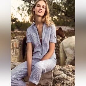 Anthropologie Cartonnier Railroad Stripe Linen Blue White  Jumpsuit M